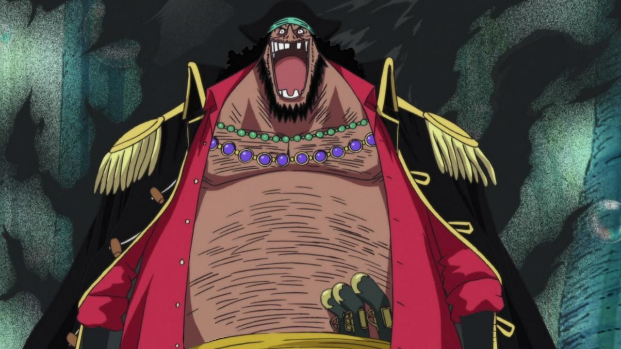 Blackbeard laughs as the darkness of the Dark Dark Fruit swirls around him, as seen in the One Piece anime. (Image via Toei Animation)