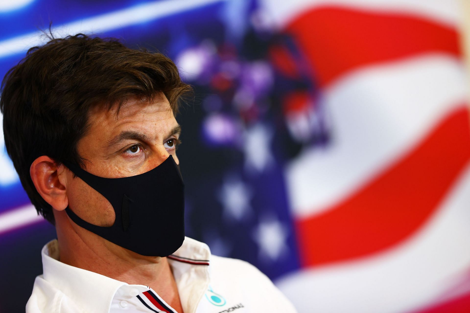 Mercedes Executive Director Toto Wolff in a press conference. (Photo by Dan Istitene/Getty Images)