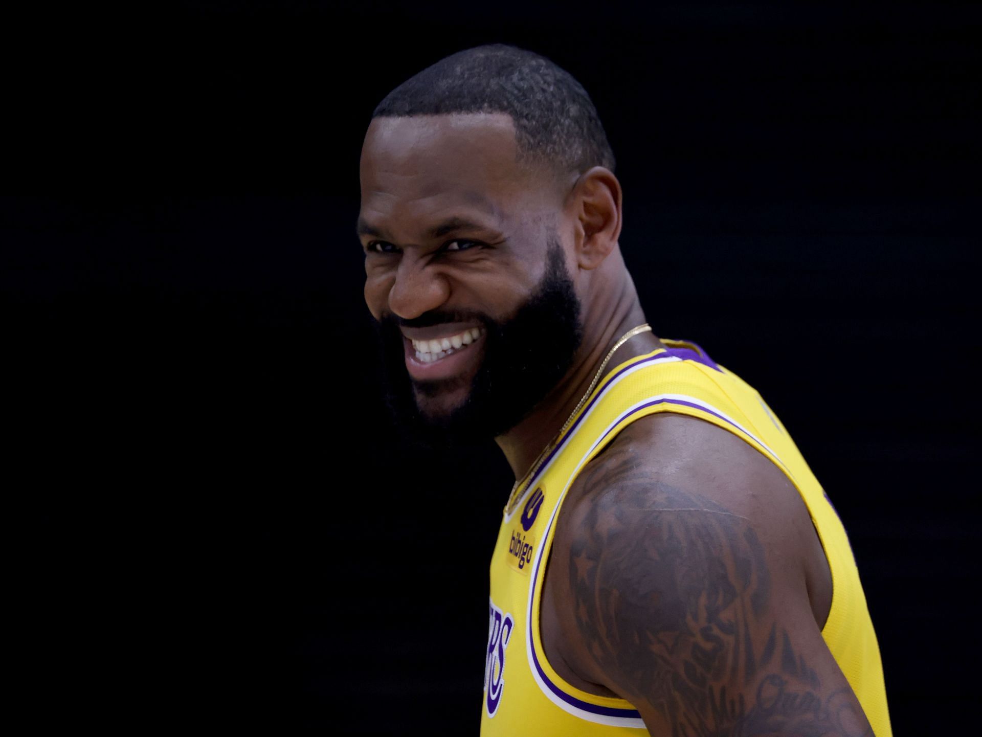 LeBron James smiles during media day at UCLA Health Training Center on September 28, 2021