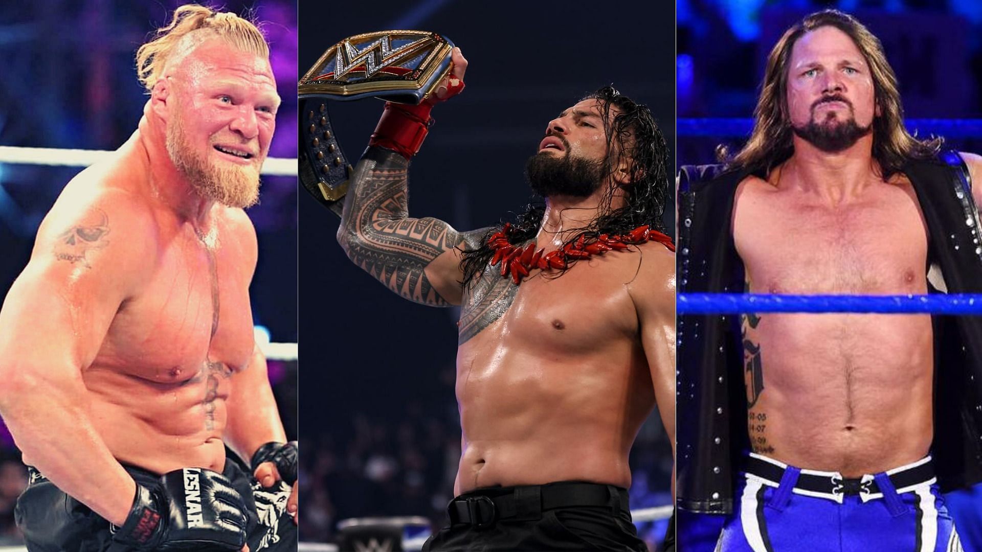Brock Lesnar (left), Roman Reigns (middle), and AJ Styles (right)