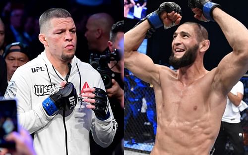 UFC welterweight stars Nate Diaz (left) and Khamzat Chimaev (right)