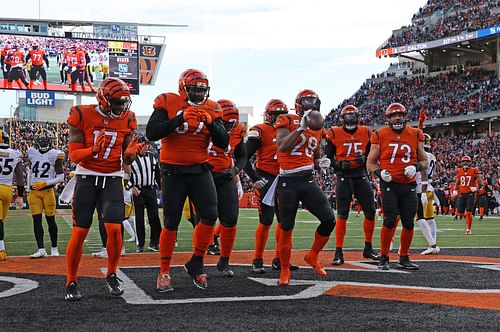 The Cincinnati Bengals were in a celebratory mood after earning a historic victory over Pittsburgh on Sunday (Photo: Getty)