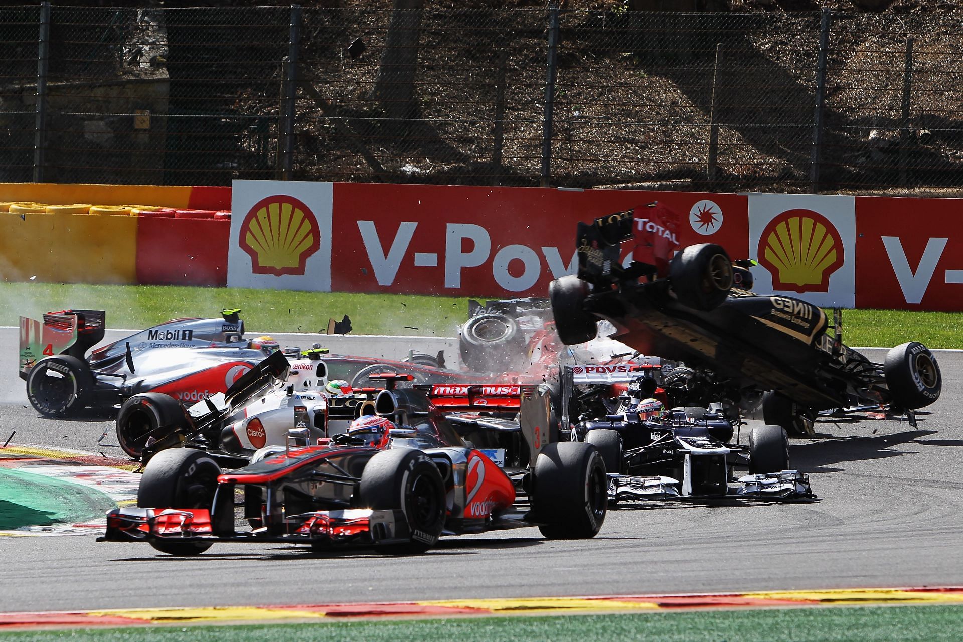 F1 Grand Prix of Belgium 2012 - Romain Grosjean&#039;s Lotus is catapulted into the air at La Source.