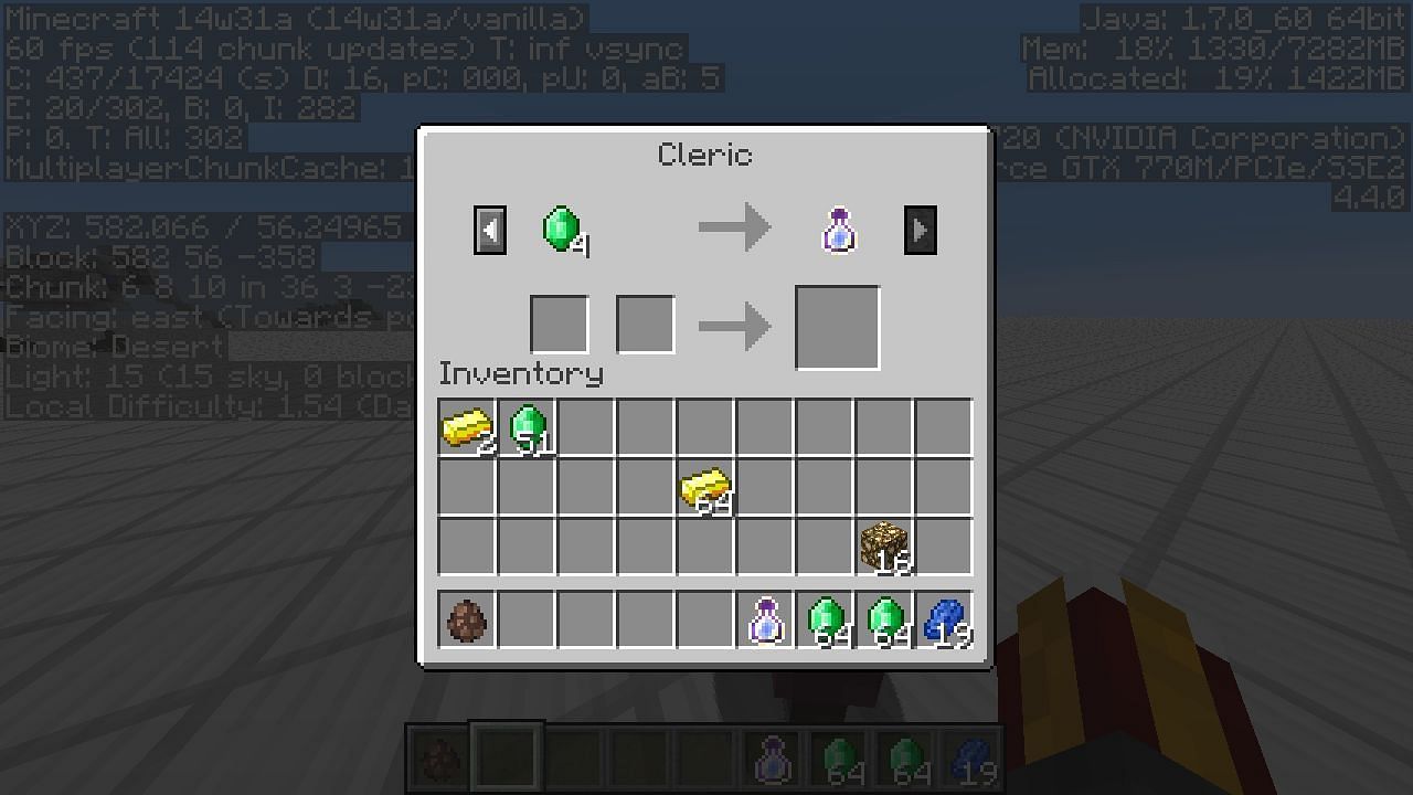Cleric villagers will trade a Bottle o&#039; Enchanting at their master level. Image via Minecraft
