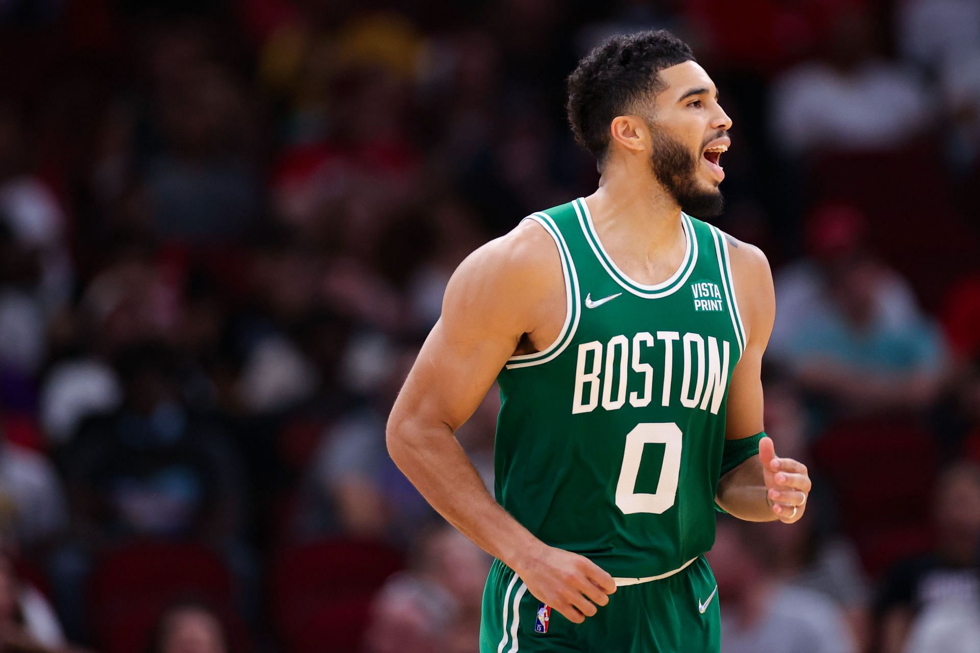 Jayson Tatum #0 of the Boston Celtics reacts towards his bench during the second half against the Houston Rockets at Toyota Center on October 24, 2021 in Houston, Texas