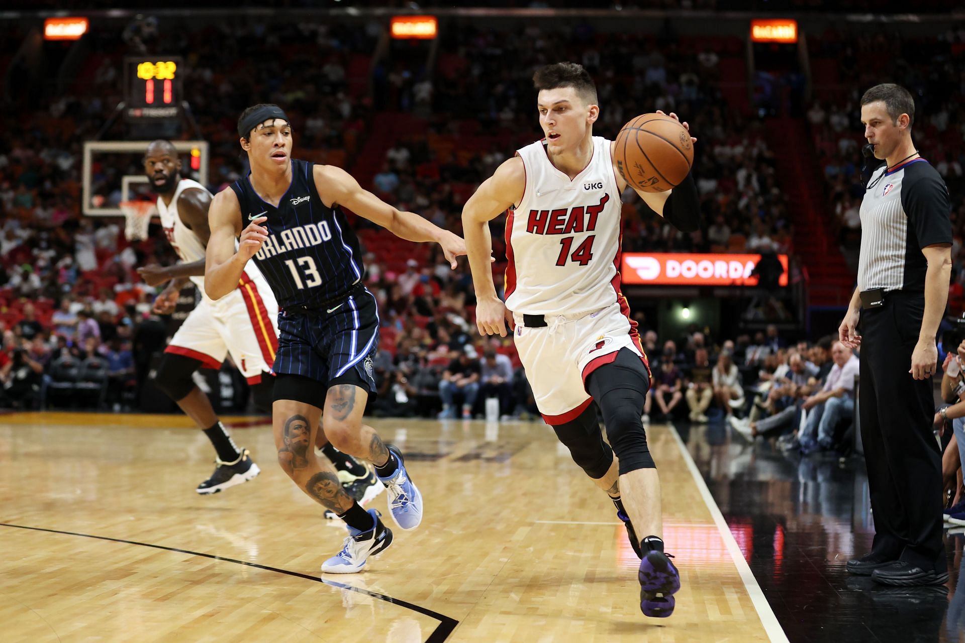  Tyler Herro looks to make a drive to the basket for the Miami Heat