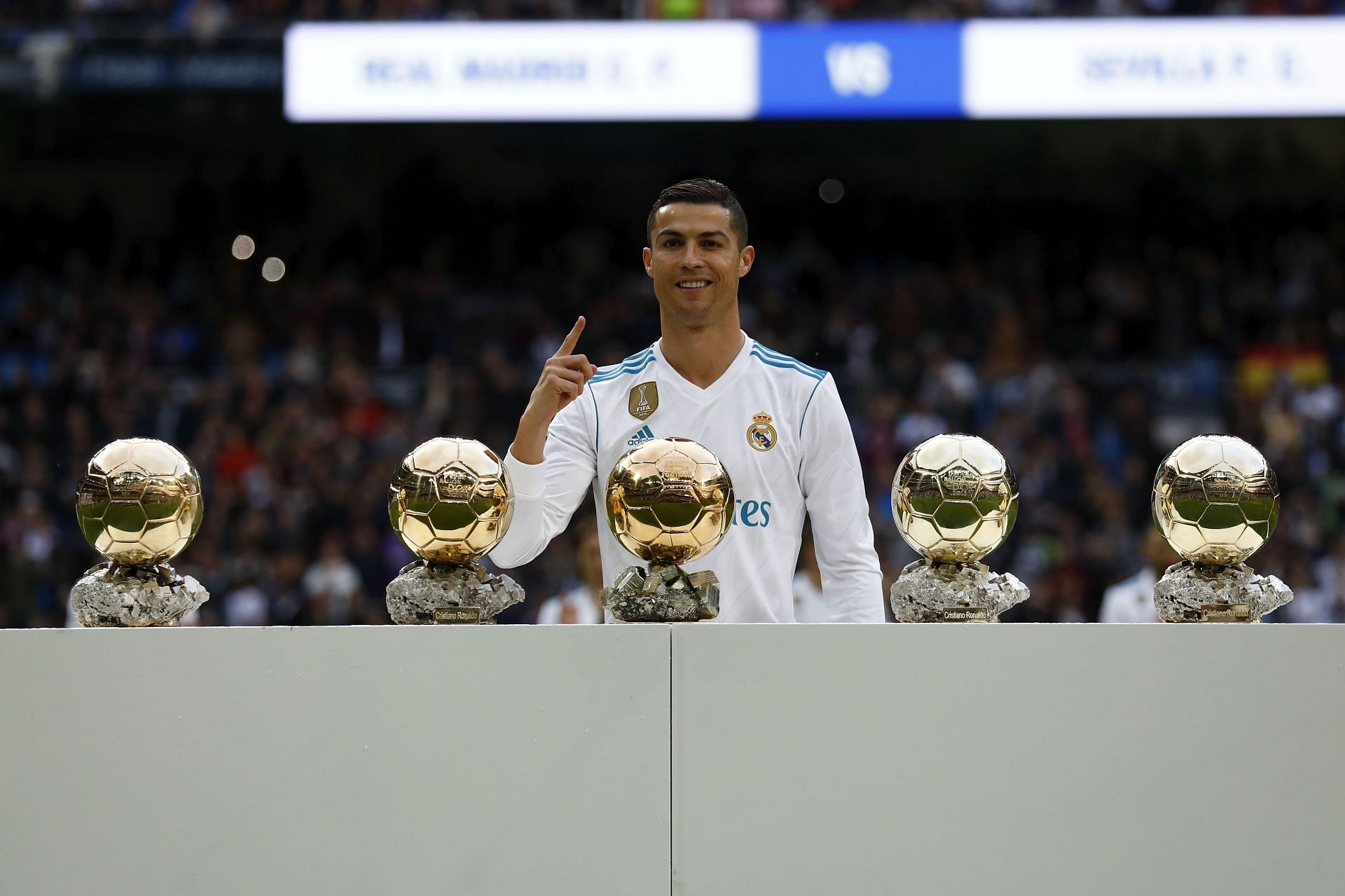 Ronaldo with his Ballon d&#039;Or trophies before Real Madrid vs Sevilla - La Liga