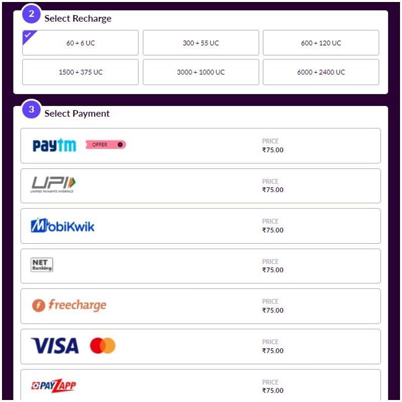 Payment option and package (Image via Codashop)