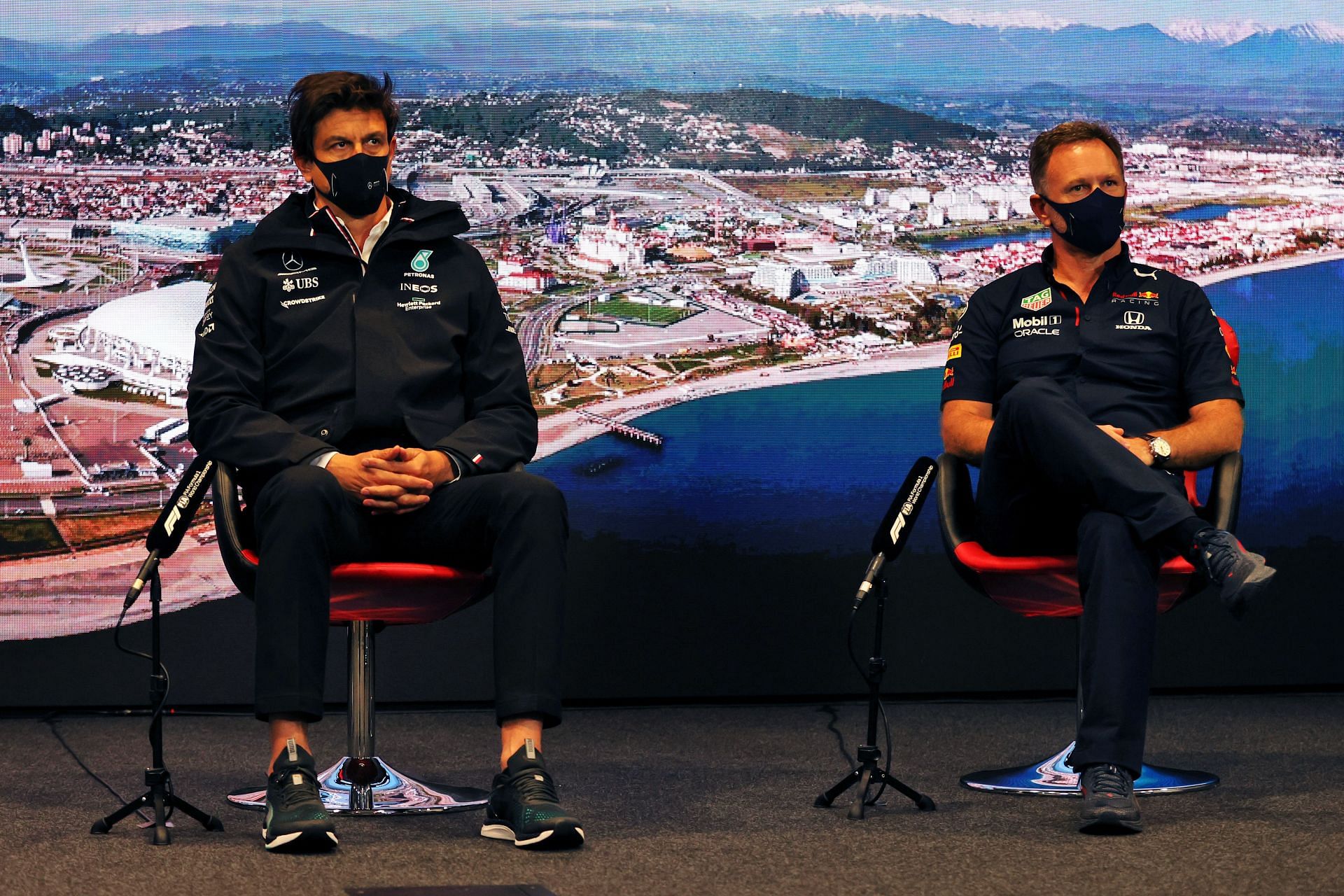Toto Wolff and Christian Horner have been paired to talk in the Team Principals Press Conference at the Qatar Grand Prix (Photo by XPB - Pool/Getty Images).