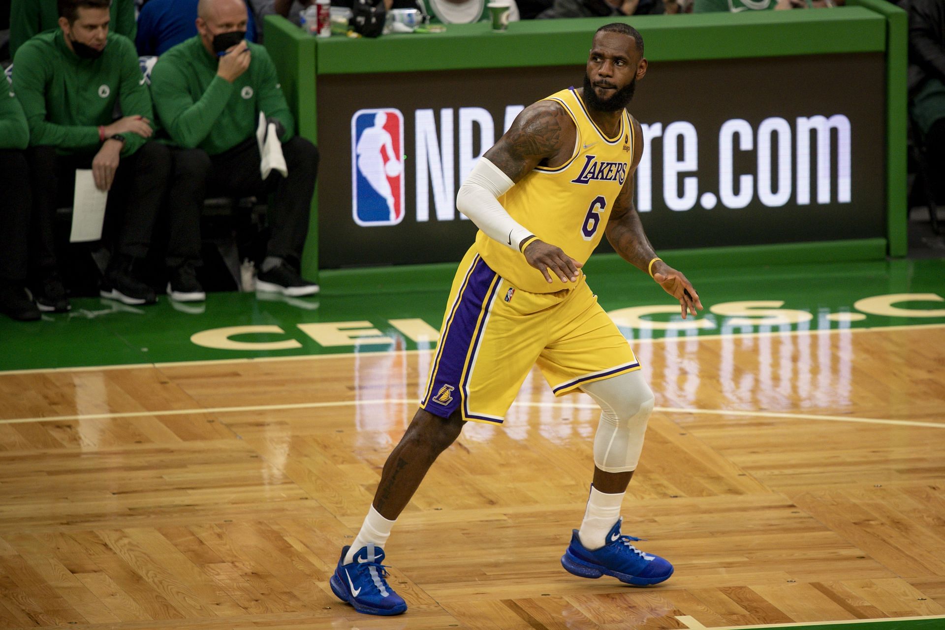 LeBron James in action during the LA Lakers v Boston Celtics game on Friday