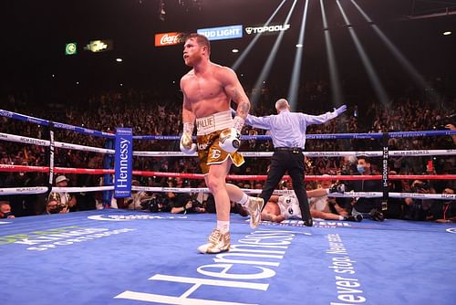 Canelo Alvarez moments after defeating Caleb Plant