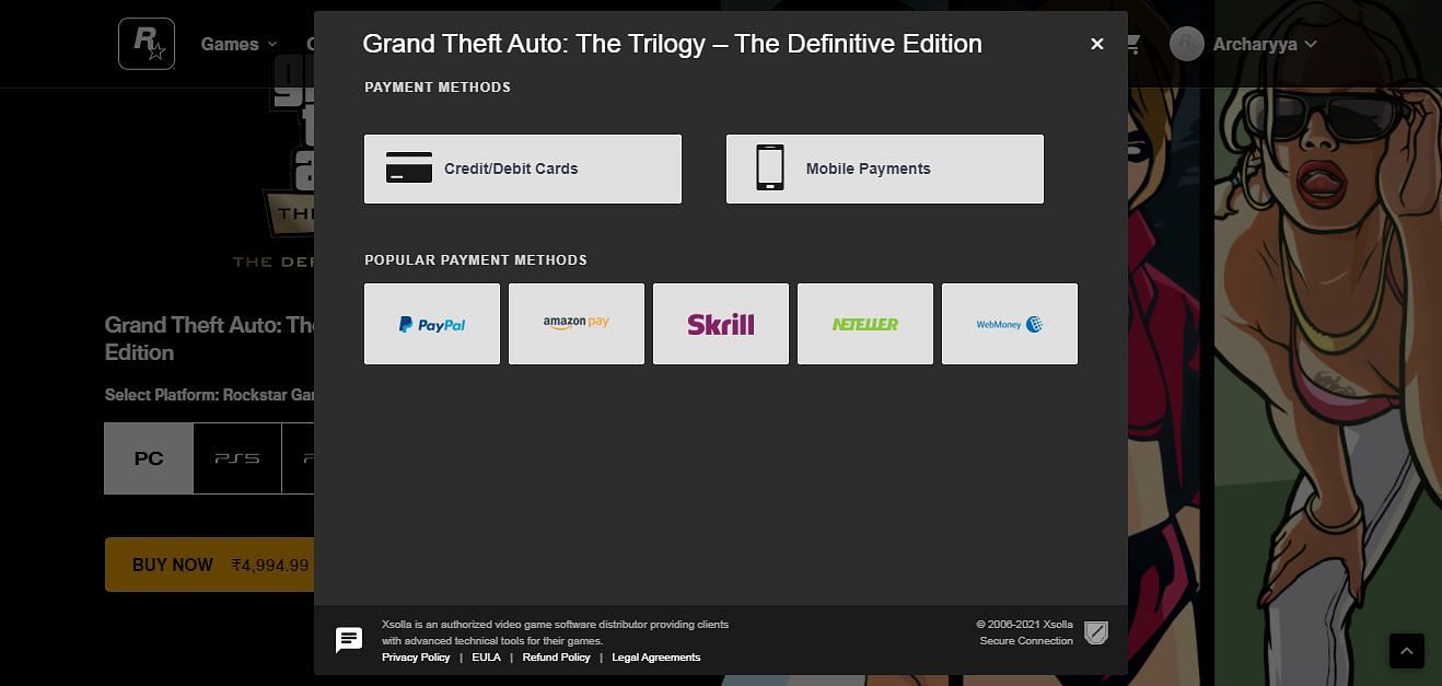 All the available payment options for the GTA Trilogy on PC (Image via Rockstar Games Store)