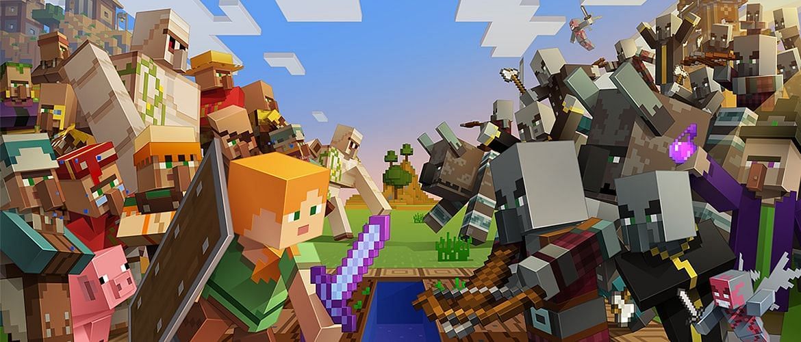 Villagers and Pillagers (Image via Minecraft)