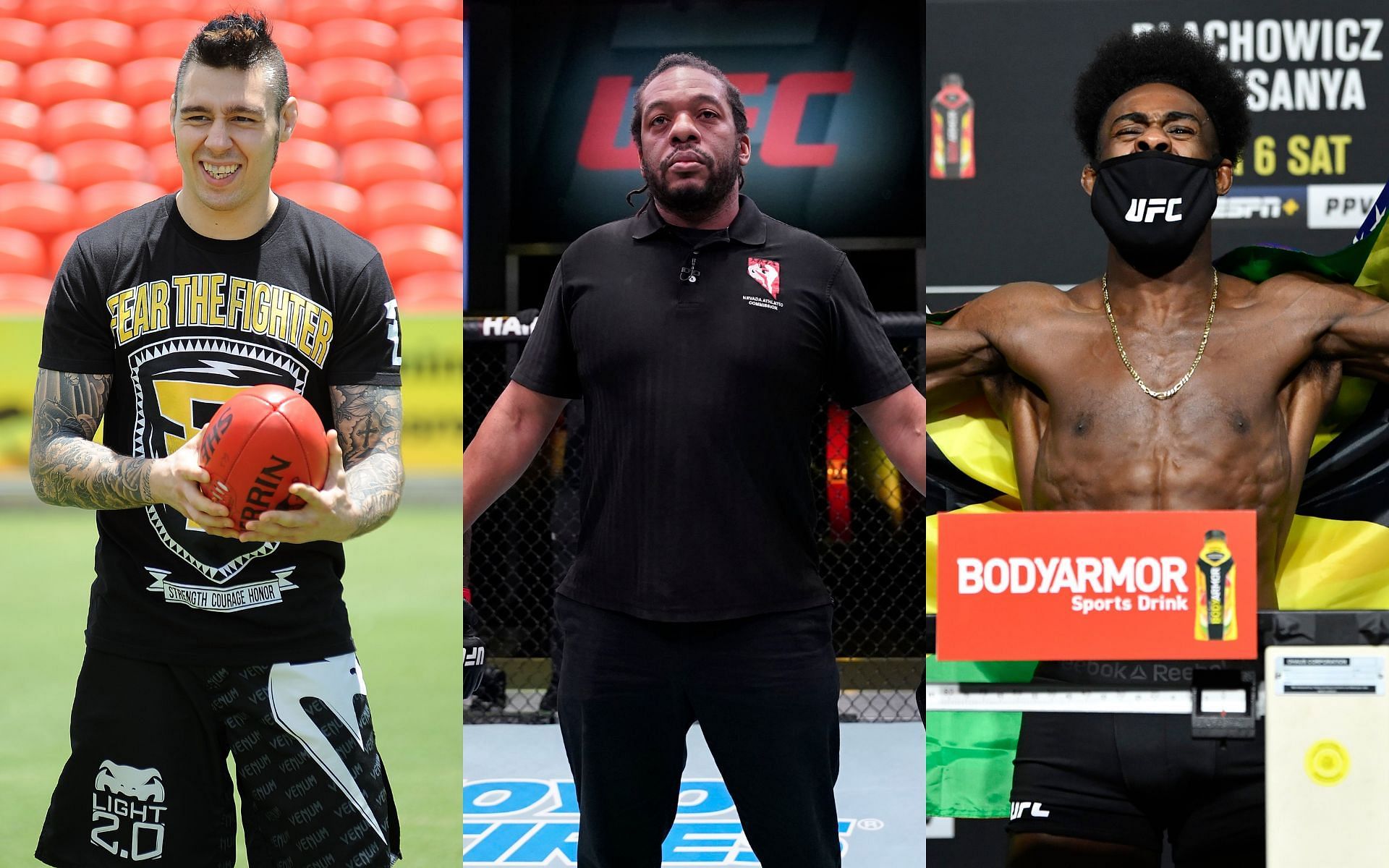 Dan Hardy (left), Herb Dean (center) and Aljamain Sterling (right)