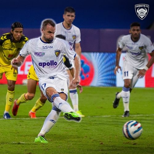 Vladimir Koman for Chennaiyin FC taking the penalty against Hyderabad FC (Image Courtesy: Chennaiyin FC Instagram)