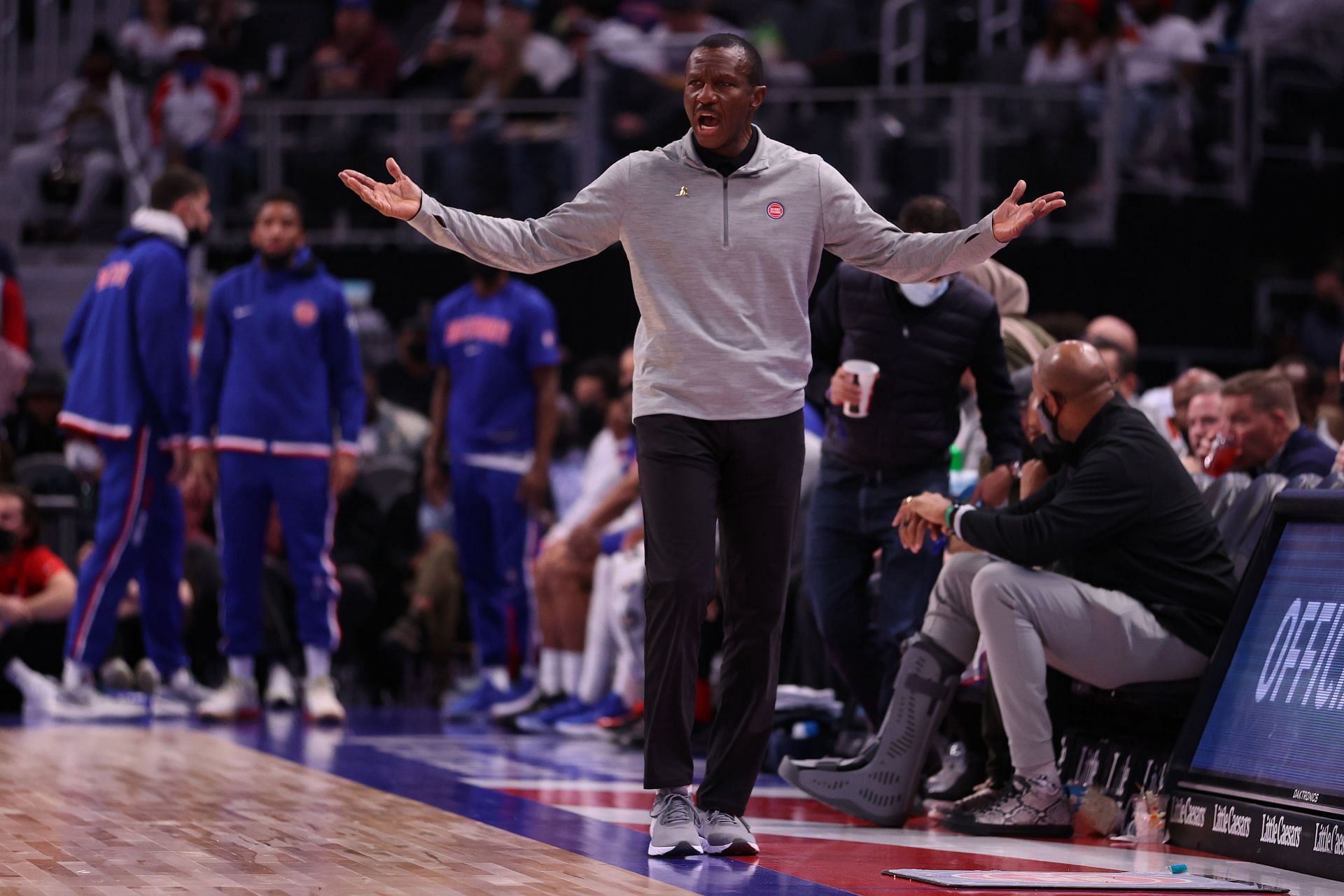 Head coach Dwane Casey of the Detroit Pistons reacts while playing the Milwaukee Bucks at Little Caesars Arena on November 02, 2021 in Detroit, Michigan. Milwaukee won the game 117-89.