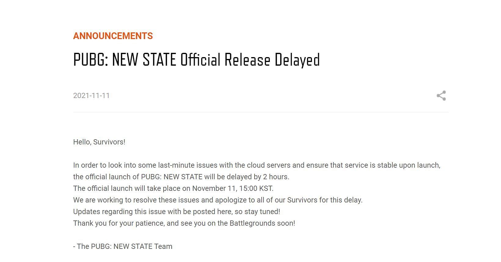 Official statement by PUBG New State developers regarding the delayed release (Image via PUBG New State)