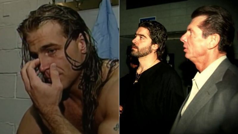 Shawn Michaels (left); Vince Russo and Vince McMahon (right)