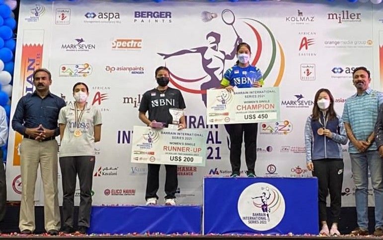 Anupama Upadhyaya (L) on the podium during the prize distribution ceremony in Bahrain on Sunday