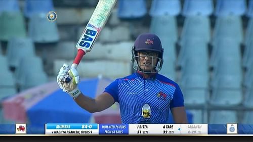 Jay Bista raises his bat after completing a half-century (Image Courtesy: BCCI).