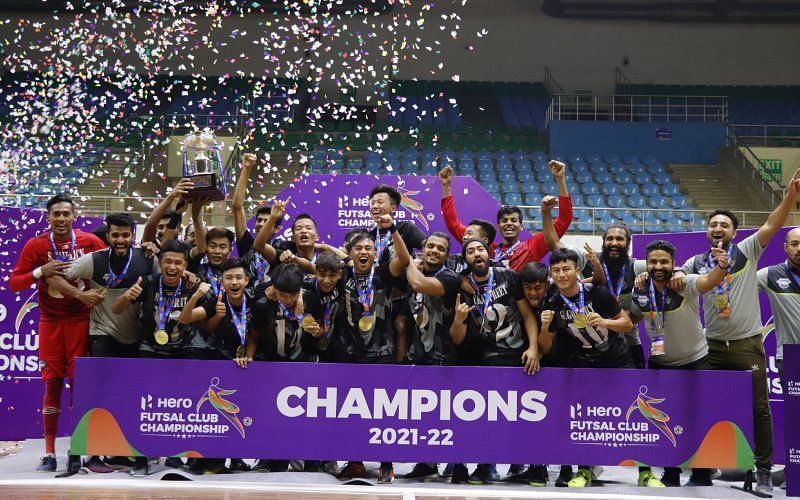 Delhi FC players celebrate their maiden Futsal Championship title triumph. Image - AIFF