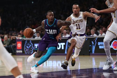 Terry Rozier of the Charlotte Hornets drives against Avery Bradley of the LA Lakers