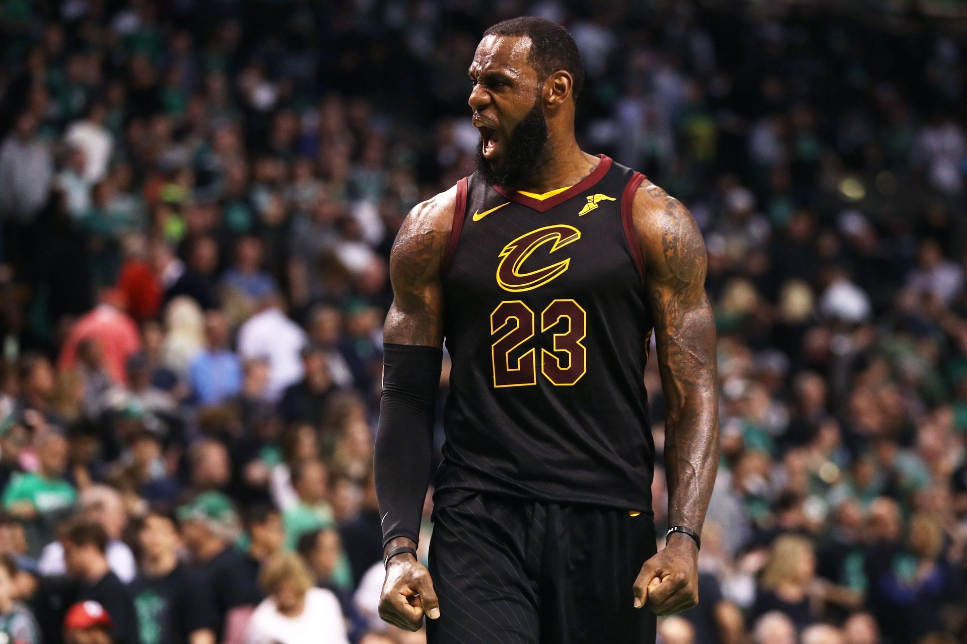 LeBron James #23 of the Cleveland Cavaliers reacts during Game Seven of the 2018 NBA Eastern Conference Finals.