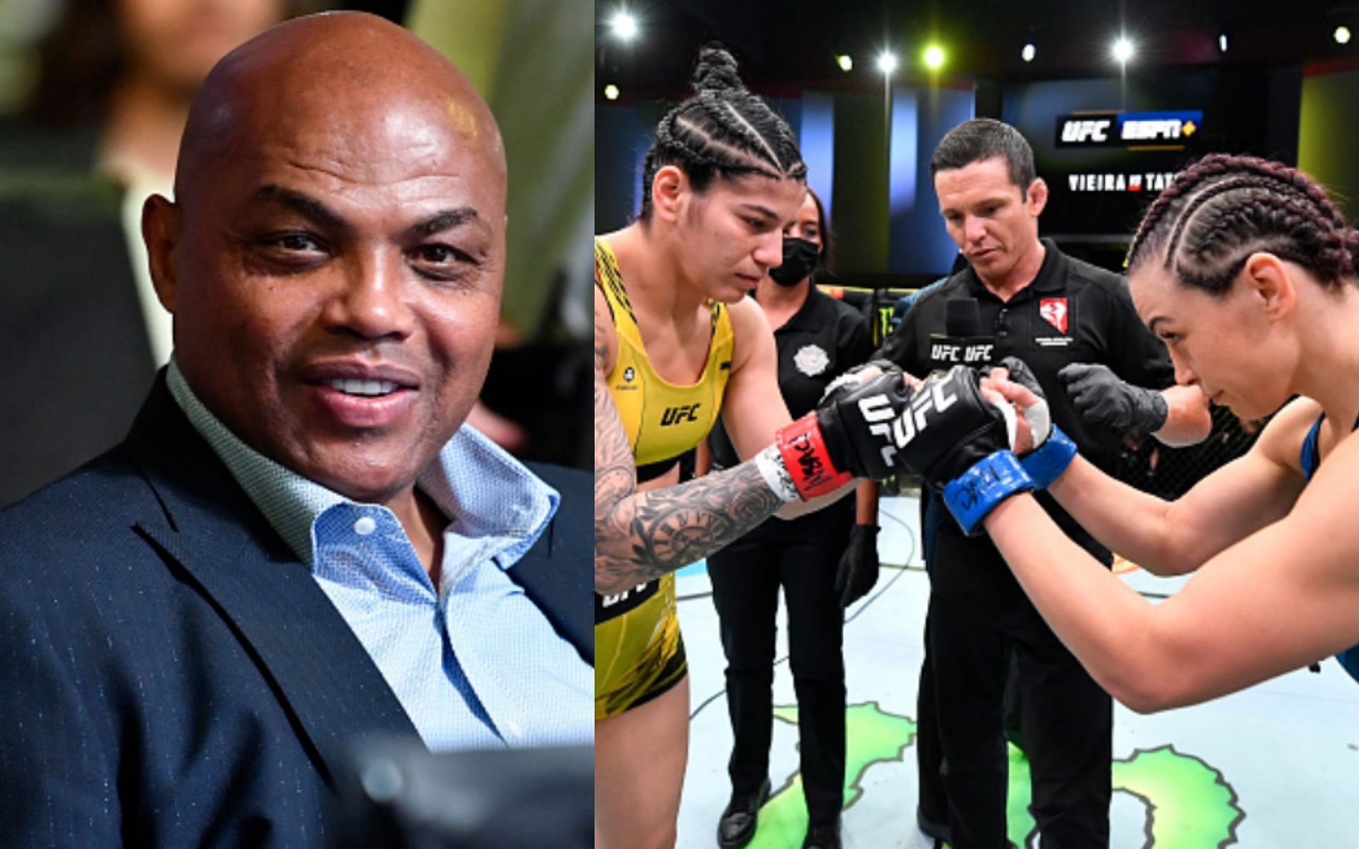 Charles Barkley at the Apex (left); Vieira faces off with Tate inside the octagon (right)