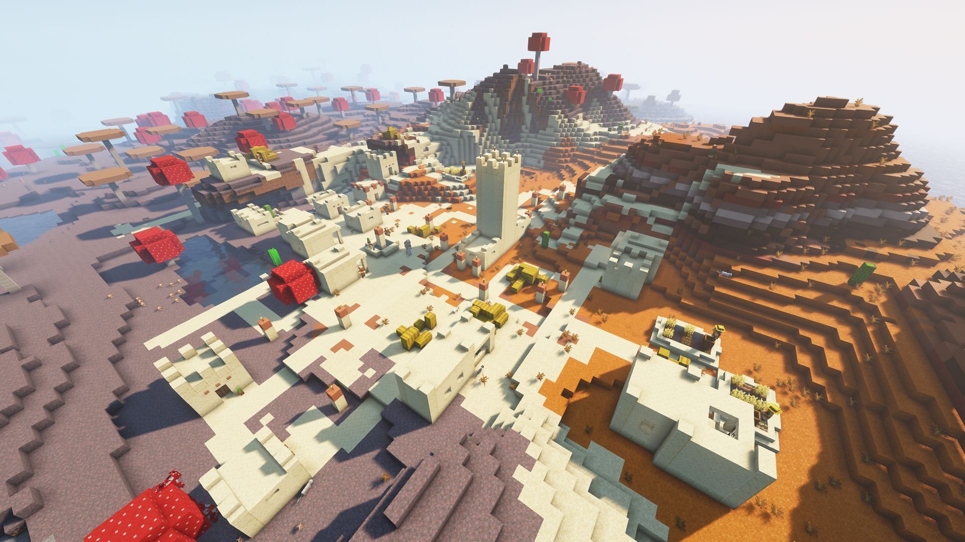 A village surrounded by multiple biomes (Image via Minecraft)