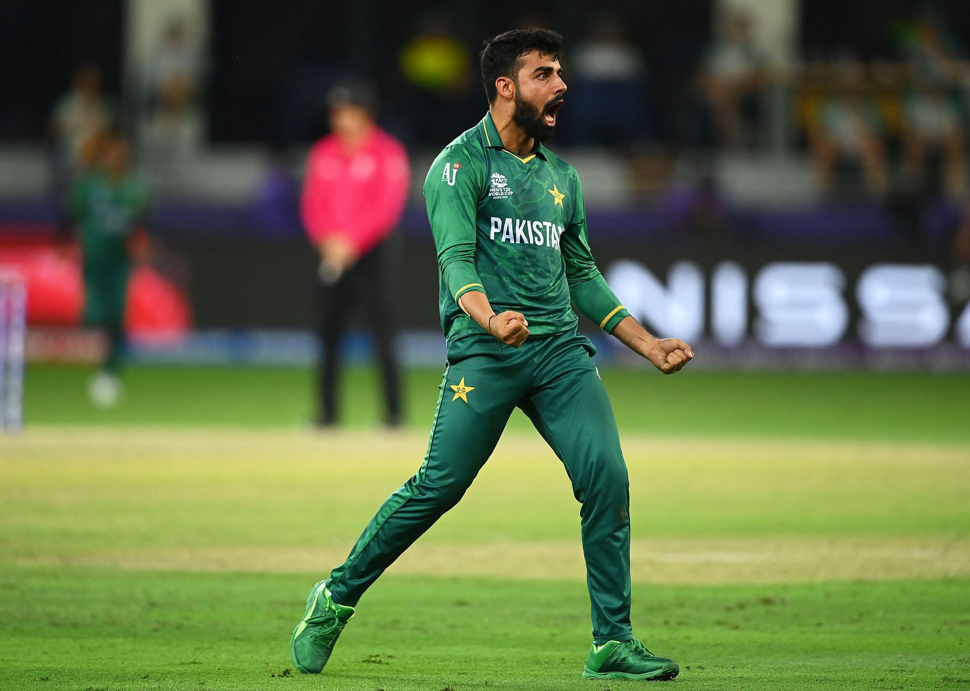 Pakistan&#039;s Shadab Khan celebrates a wicket.