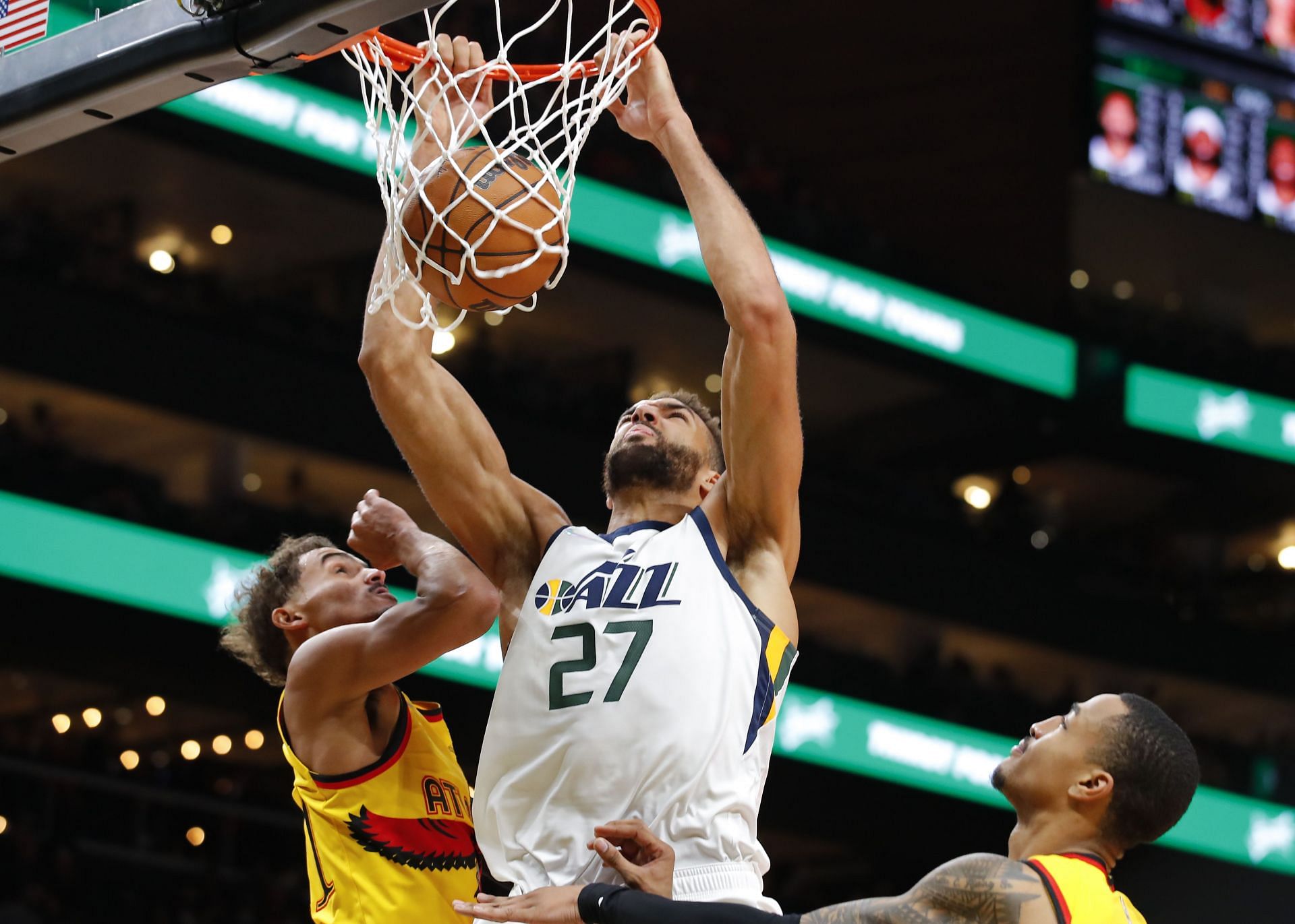 Rudy Gobert dunks the ball in the Utah Jazz vs Atlanta Hawks game.