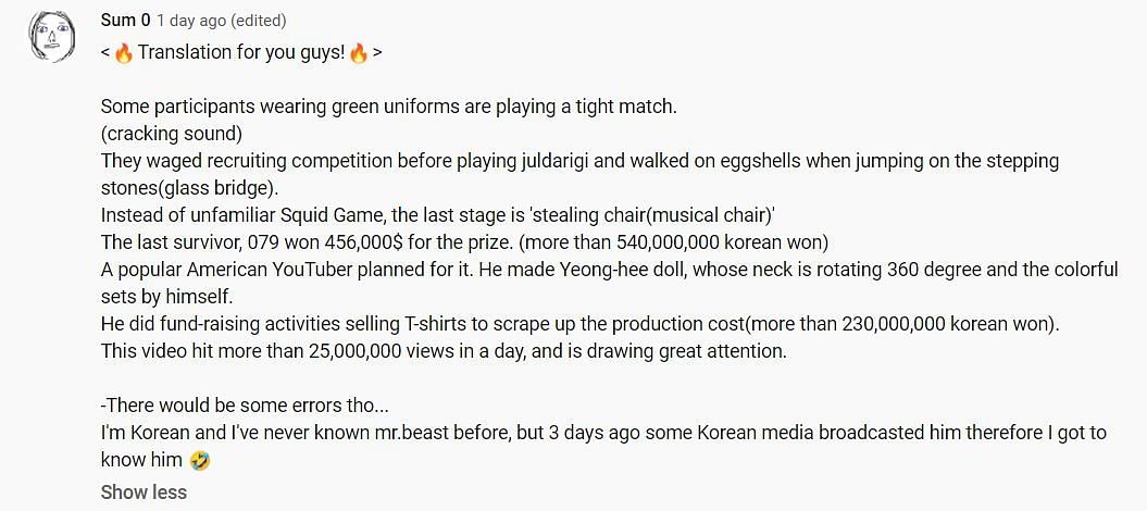 The translation of what was being said about MrBeast Squid Game in the Korean news (Image via Starblast - Roblox and More on YouTube)