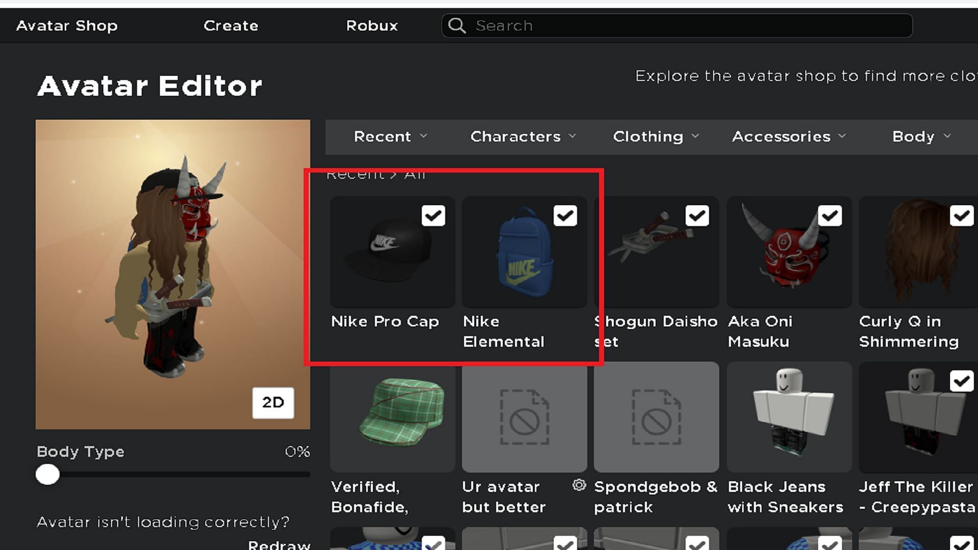 Equip the Nikeland items to your avatar (Image via Roblox)