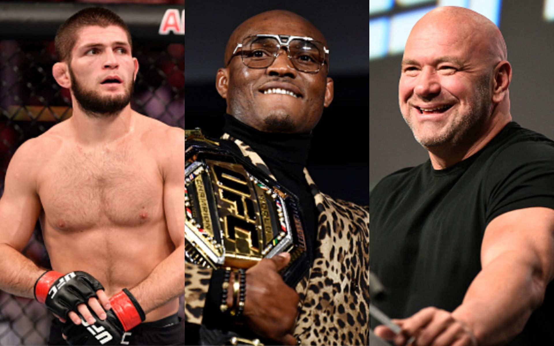 From L-R: Khabib Nurmagomedov, Kamaru Usman &amp; Dana White