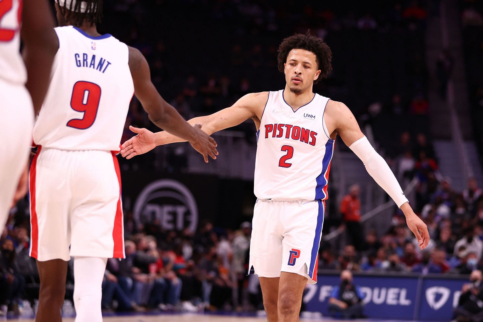 Detroit Pistons rookie Cade Cunningham celebrates a play