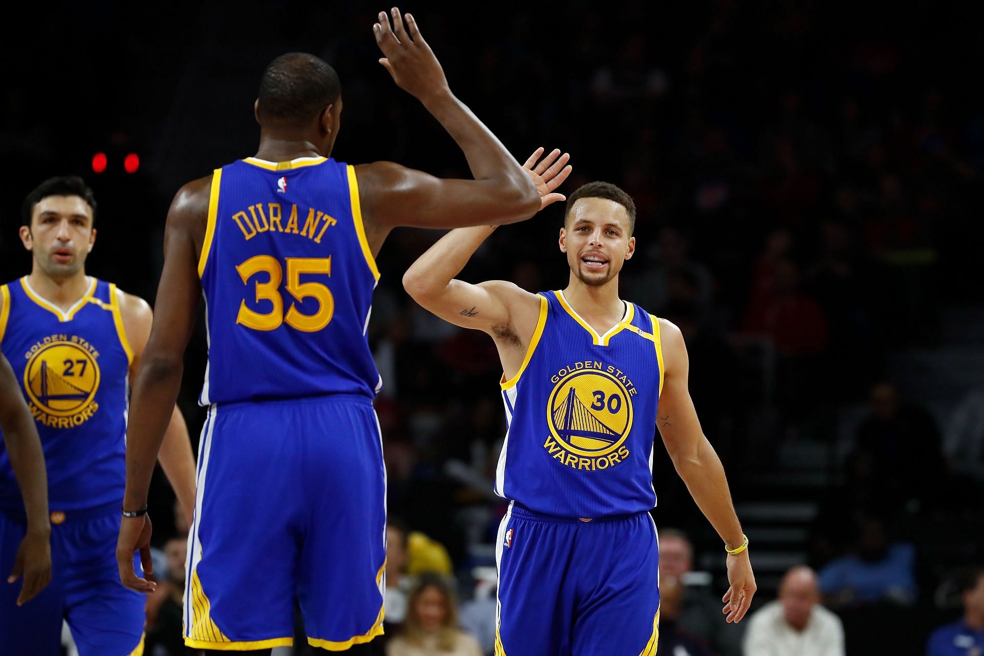 Kevin Durant #35 and Stephen Curry #30 of the Golden State Warriors.