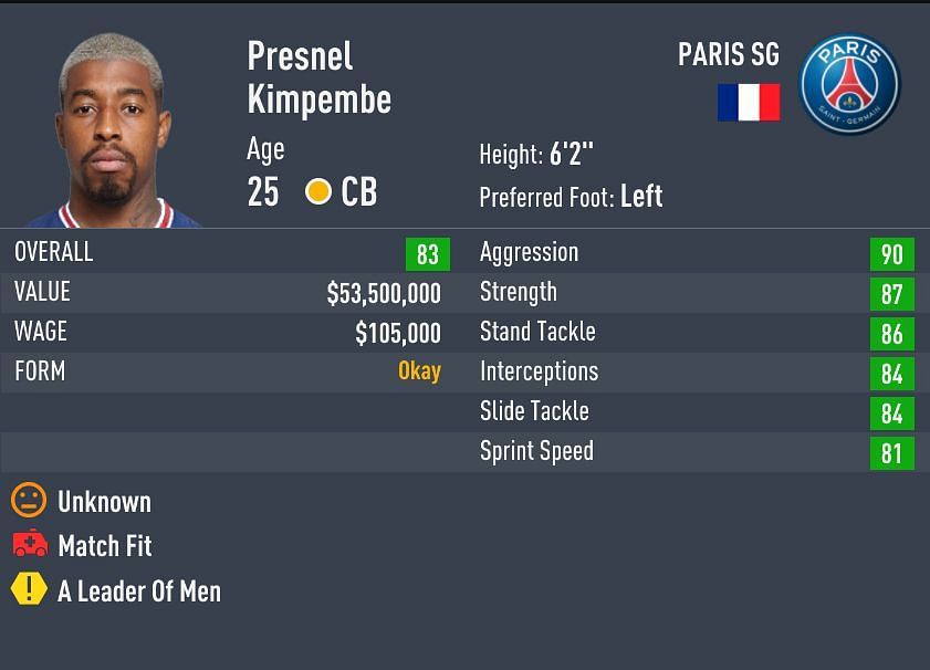 Kimpembe&#039;s leadership trait in Career Mode will help him captain the team (Image via Sportskeeda)