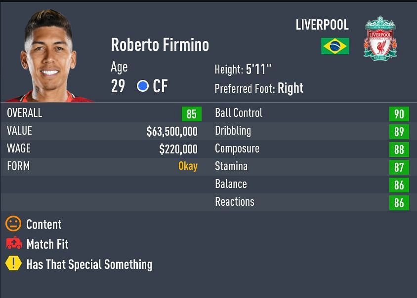 Firmino&#039;s ratings dropped by 2 since FIFA 21 (Image via Sportskeeda)