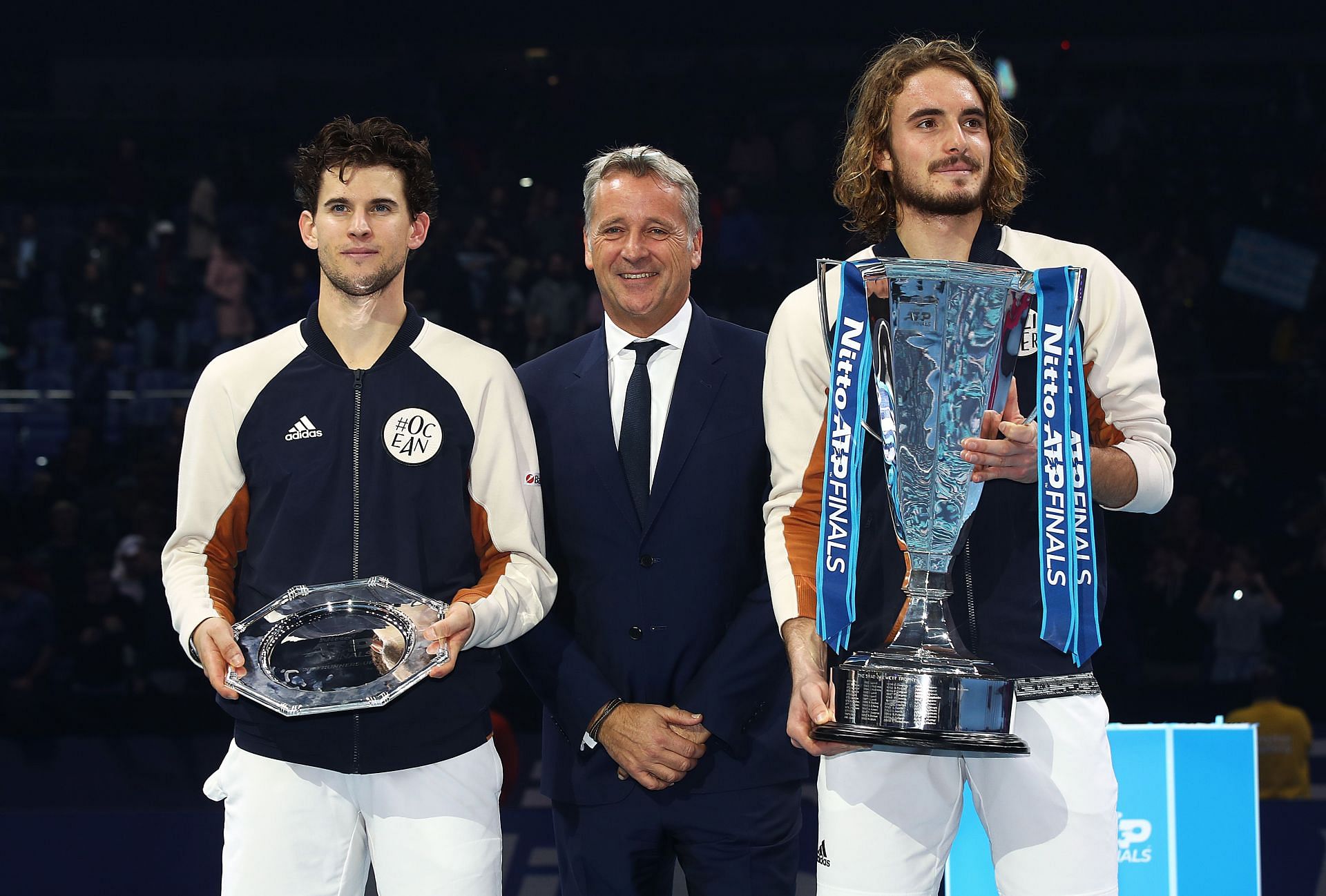 Dominic Thiem and Stefanos Tsitsipas at the 2019 Nitto ATP Finals.