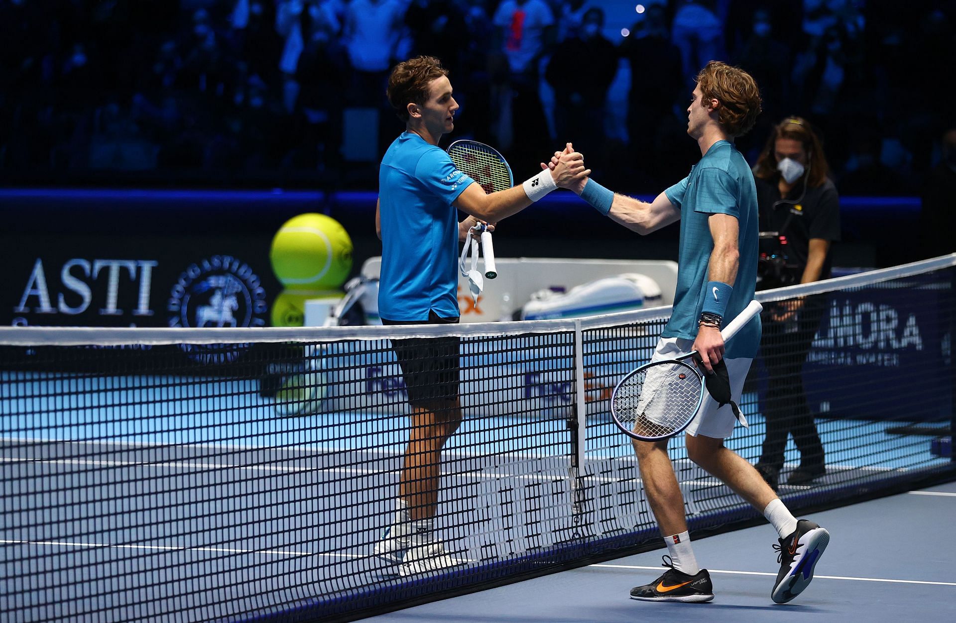 Casper Ruud and Andrey Rublev after their match at the Nitto ATP World Tour Finals 2021