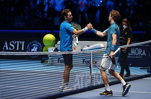 Casper Ruud and Andrey Rublev after their match at the Nitto ATP World Tour Finals 2021