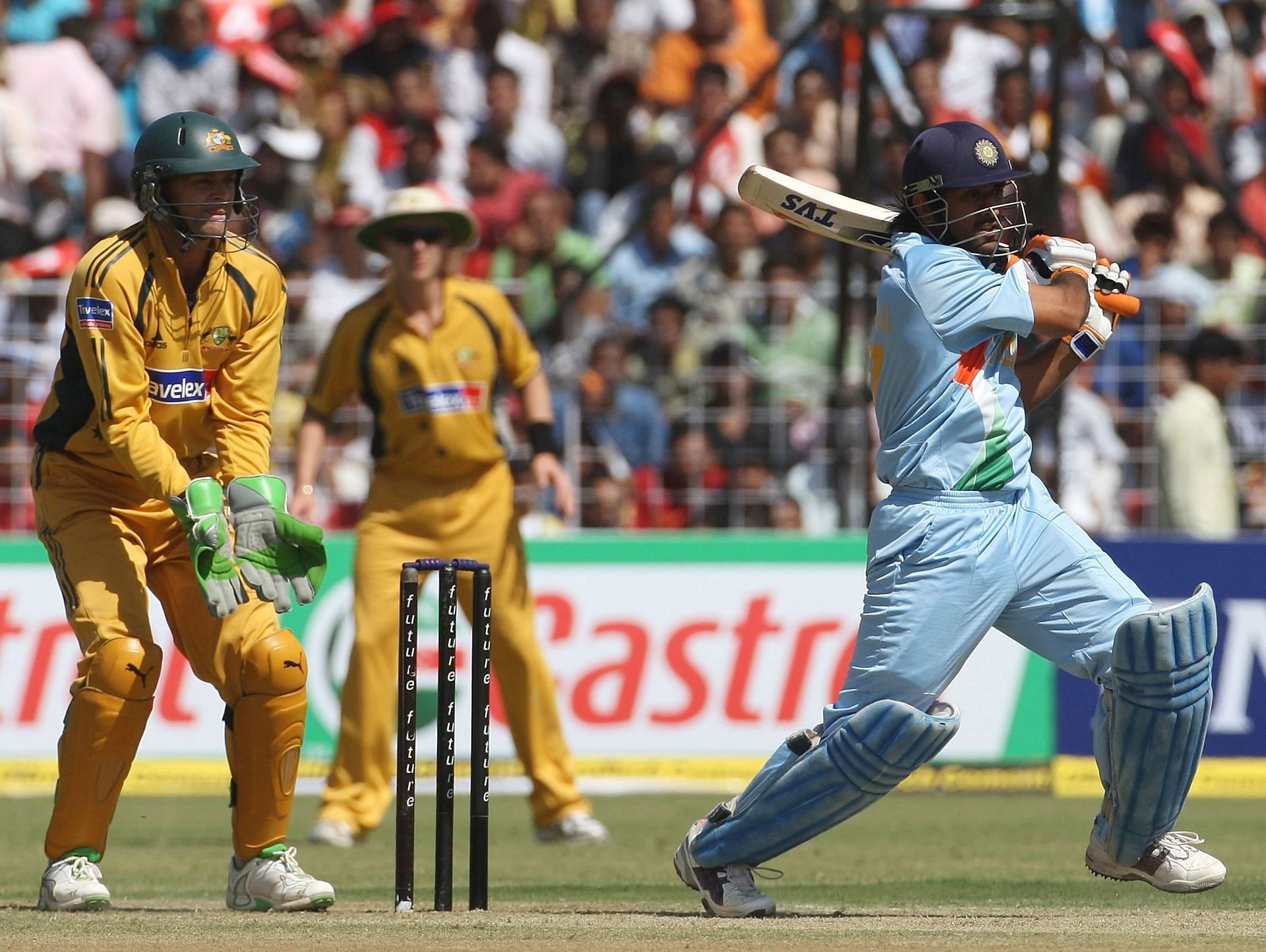 MS Dhoni playing a pull shot during an ODI against Australia in 2007. Pic: Getty Images