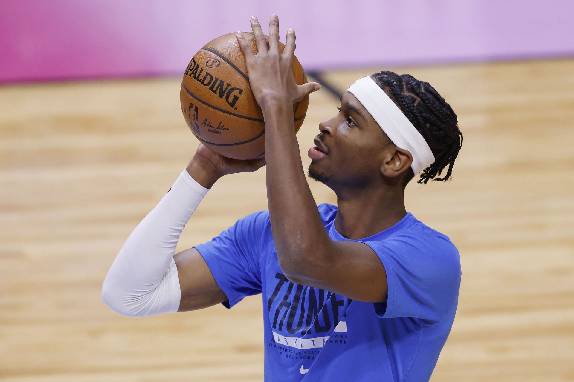 Shai Gilgeous-Alexander warms up before Oklahoma City Thunder v Miami Heat