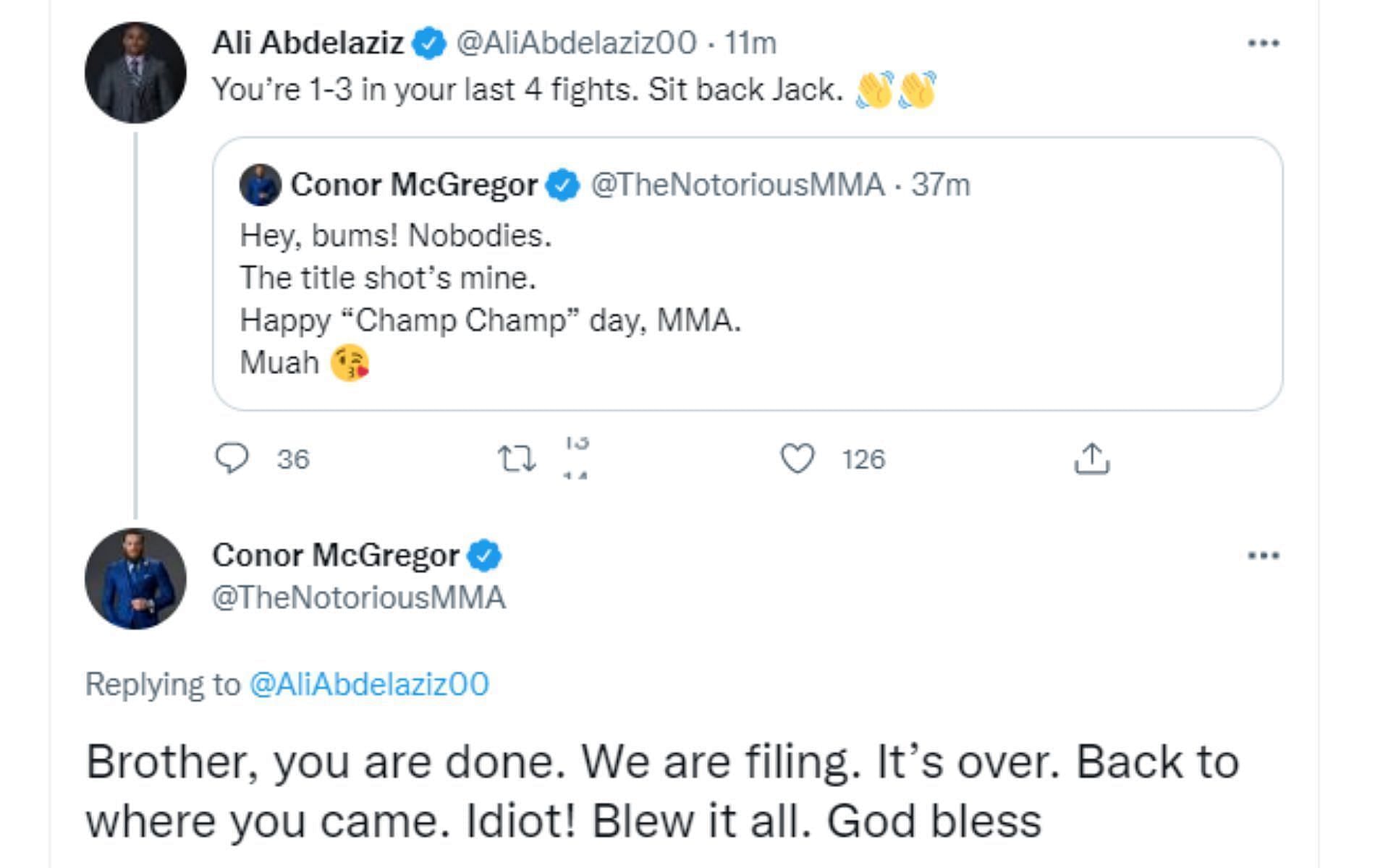 Screenshot of Conor McGregor&#039;s response to Ali Abdelaziz.