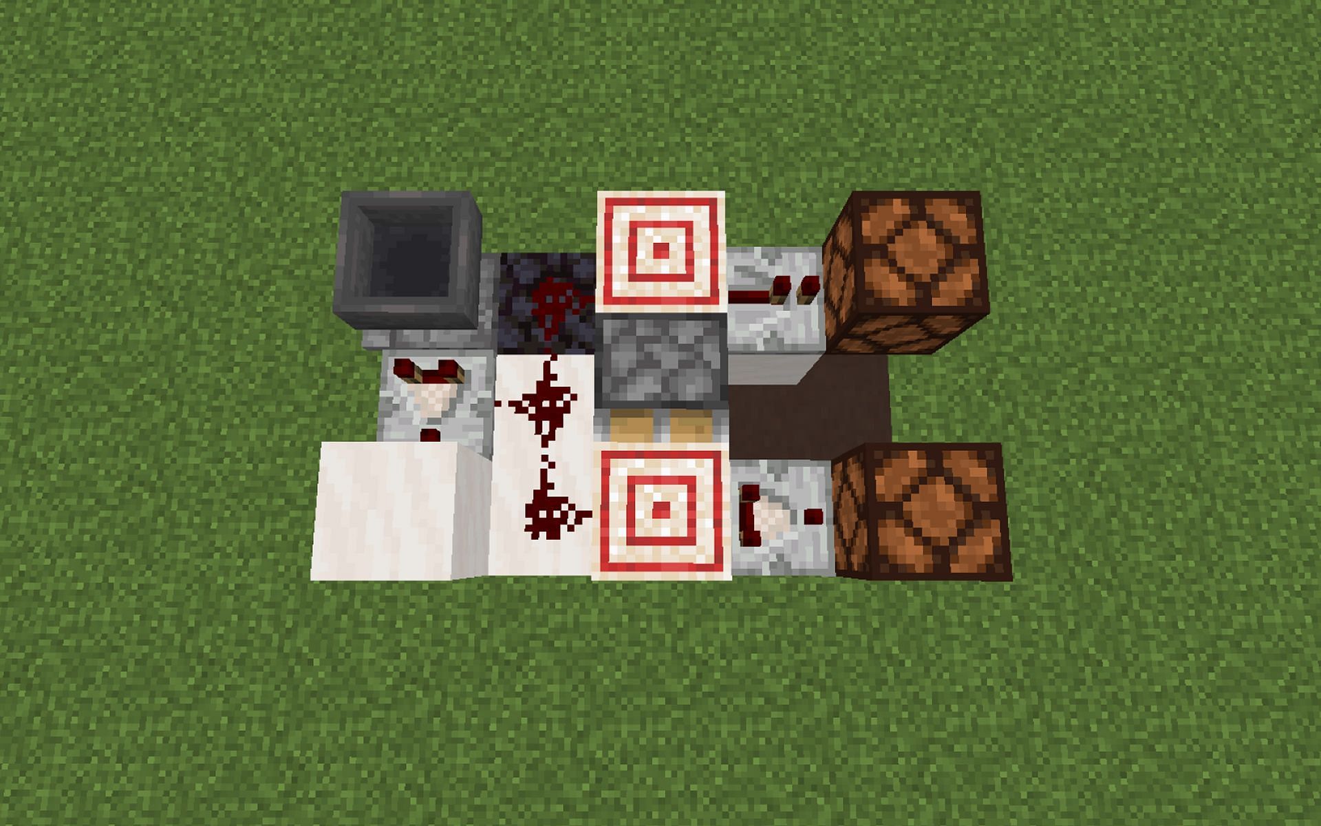 An image of a completed randomizer circuit in-game. (Image via Minecraft.)