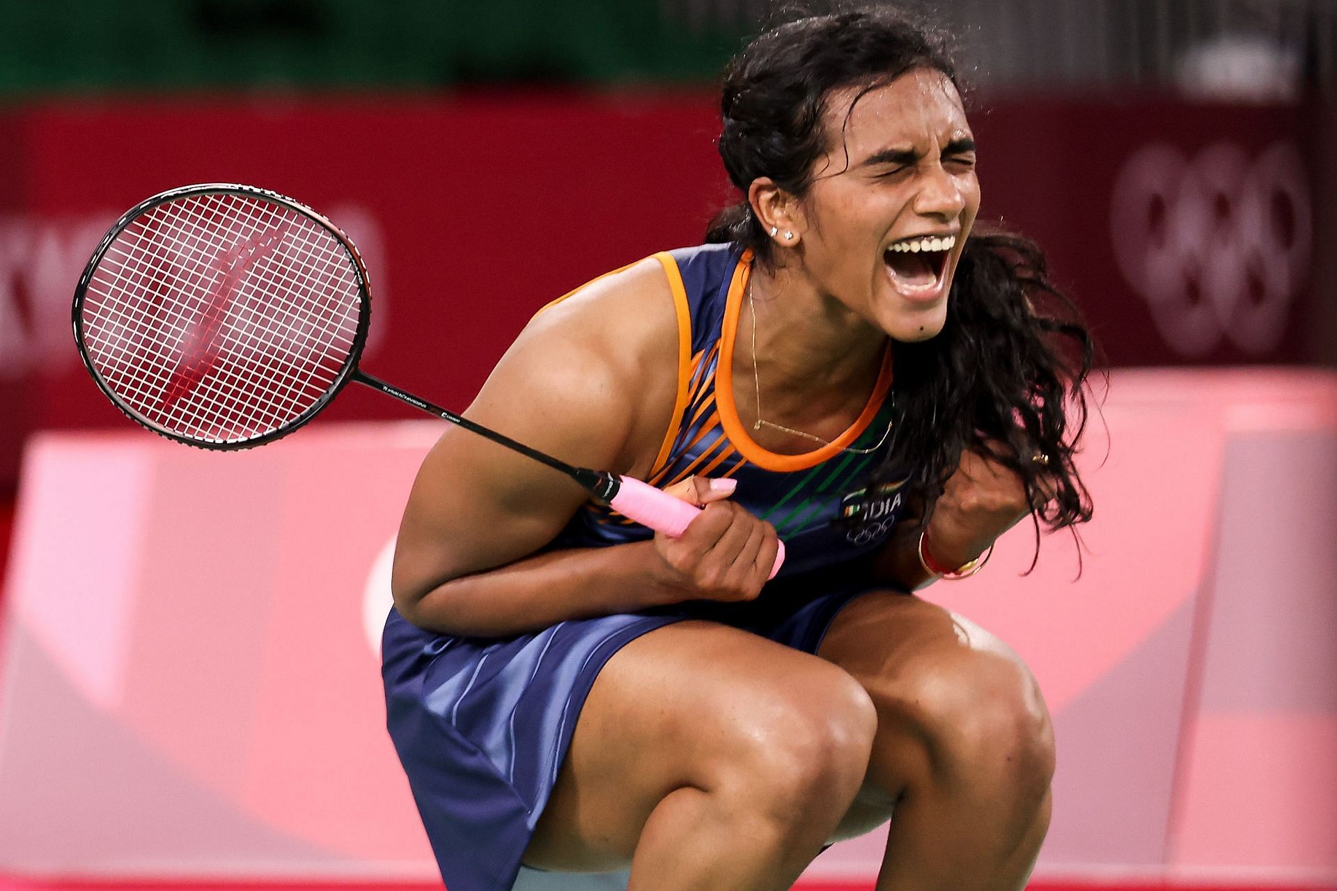 PV Sindhu celebrates a point at the Tokyo Olympics