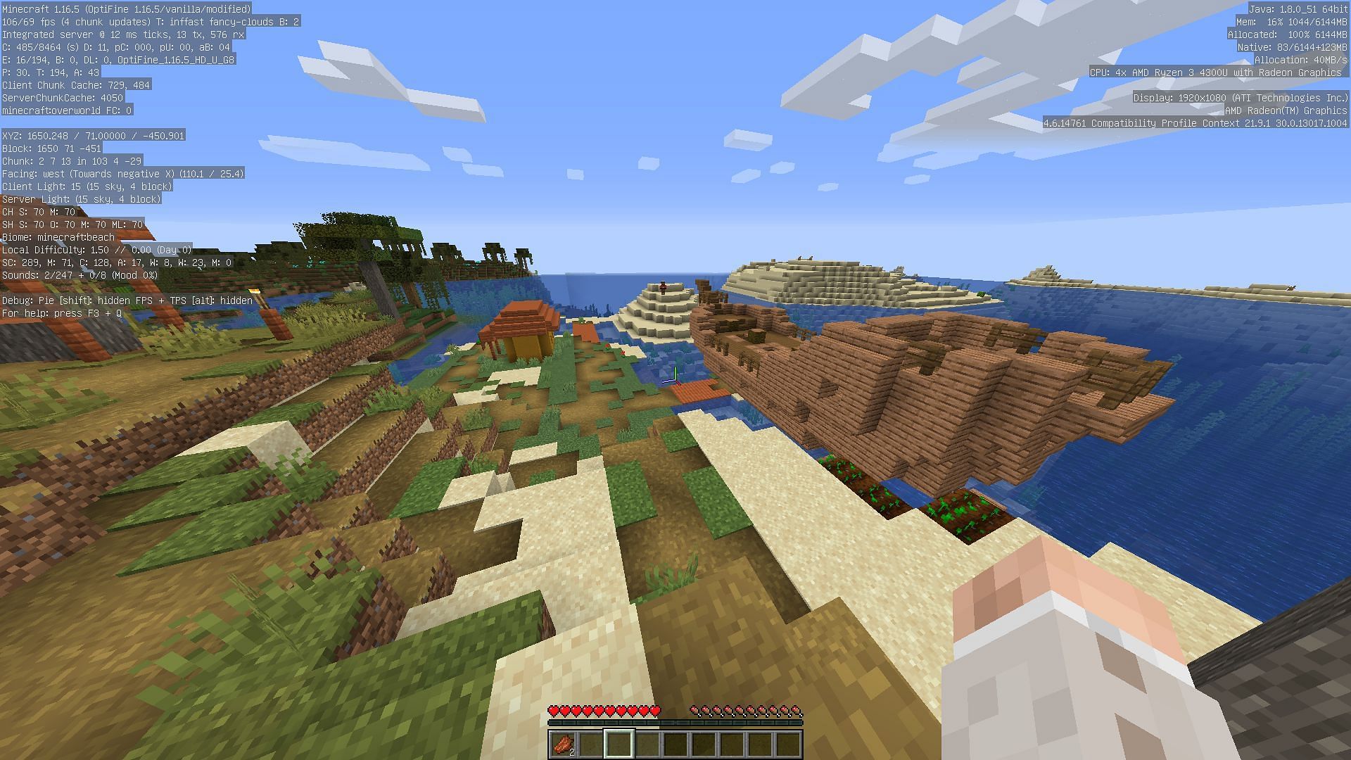 This seed has a shipwreck next to a village at spawn (Image via u/otisgaming on Reddit)