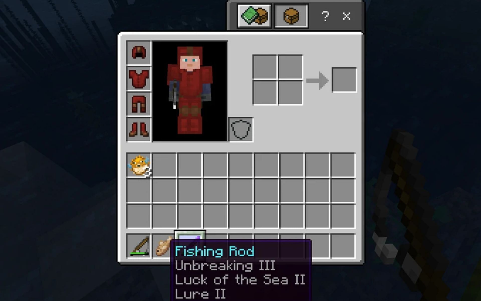 An enchanted fishing rod in a players inventory. Image via Minecraft.