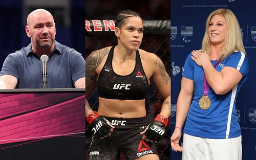 Dana White (left), Amanda Nunes (center) and Kayla Harrison (right)