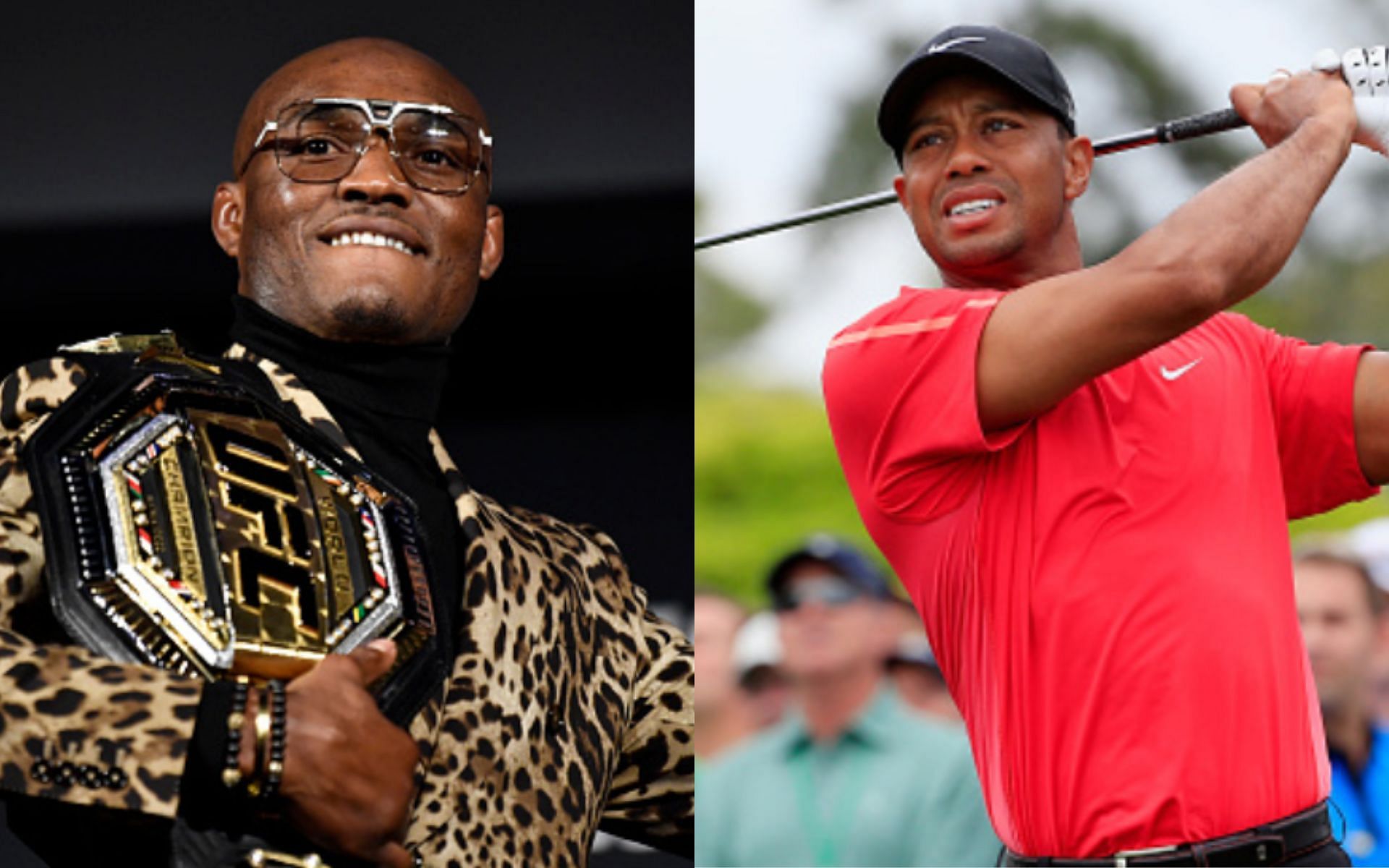 Kamaru Usman (left); Tiger Woods (right)